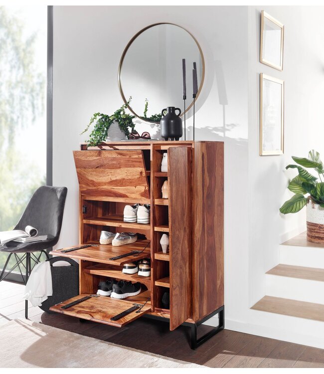 Wohnling schoenenkast massief sheeshamhout 88x120x40 cm schoenenrek gesloten | Design schoenenkast met plank | Schoenenopbergruimte ladekast voor schoenen hoog