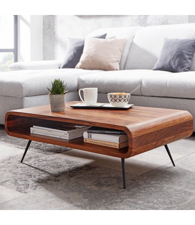 Wohnling Koffietafel Massief Sheesham-Hout en Metaal 90x55x30 cm Salontafel Bruin | Tafel Woonkamer Rechthoekig Moderne met Opbergruimte | Kleine Bijzettafel Woonkamertafel