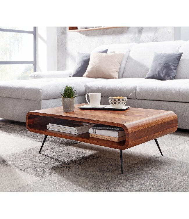 Wohnling Koffietafel Massief Sheesham-Hout en Metaal 90x55x30 cm Salontafel Bruin | Tafel Woonkamer Rechthoekig Moderne met Opbergruimte | Kleine Bijzettafel Woonkamertafel