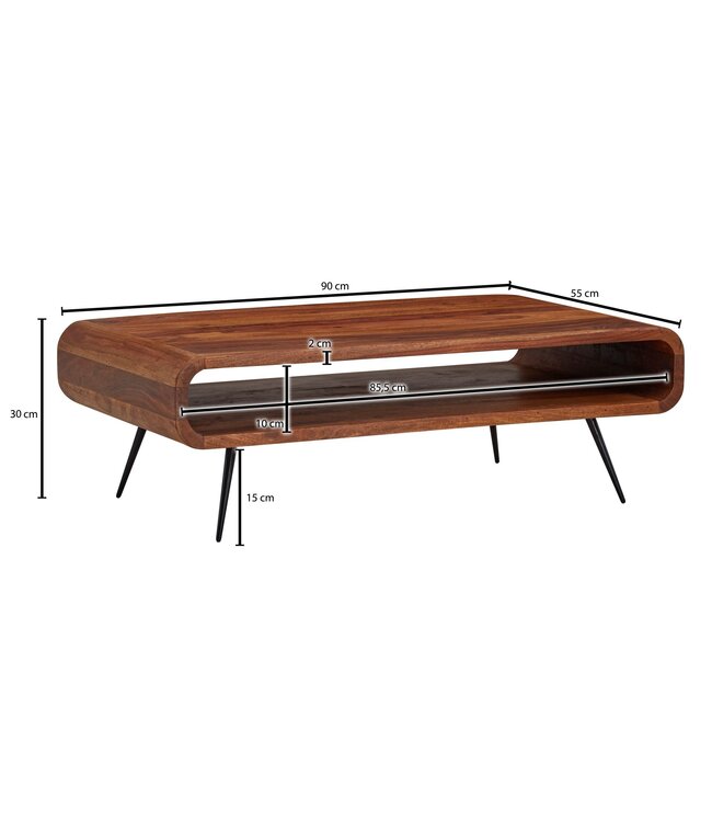 Wohnling Koffietafel Massief Sheesham-Hout en Metaal 90x55x30 cm Salontafel Bruin | Tafel Woonkamer Rechthoekig Moderne met Opbergruimte | Kleine Bijzettafel Woonkamertafel