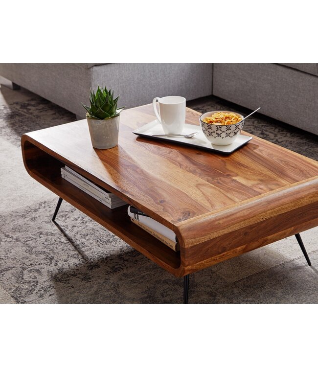 Wohnling Koffietafel Massief Sheesham-Hout en Metaal 90x55x30 cm Salontafel Bruin | Tafel Woonkamer Rechthoekig Moderne met Opbergruimte | Kleine Bijzettafel Woonkamertafel