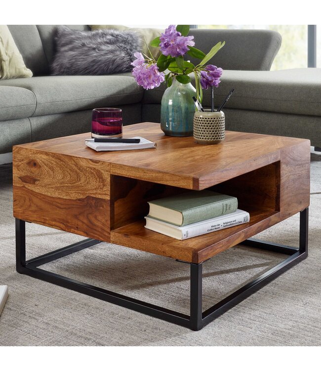 Wohnling Koffietafel Massief Sheesham-Hout en Metaal 60x60x34,5 cm Salontafel Bruin | Vierkant Tafel Woonkamer Moderne met Opbergruimte | Kleine Bijzettafel Woonkamertafel