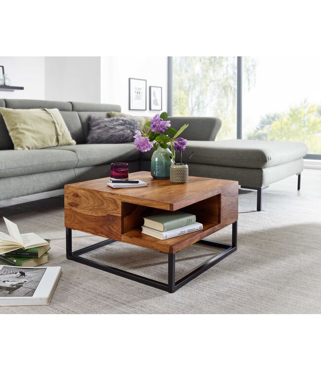 Wohnling Koffietafel Massief Sheesham-Hout en Metaal 60x60x34,5 cm Salontafel Bruin | Vierkant Tafel Woonkamer Moderne met Opbergruimte | Kleine Bijzettafel Woonkamertafel