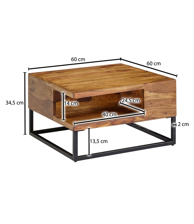 Wohnling Koffietafel Massief Sheesham-Hout en Metaal 60x60x34,5 cm Salontafel Bruin | Vierkant Tafel Woonkamer Moderne met Opbergruimte | Kleine Bijzettafel Woonkamertafel