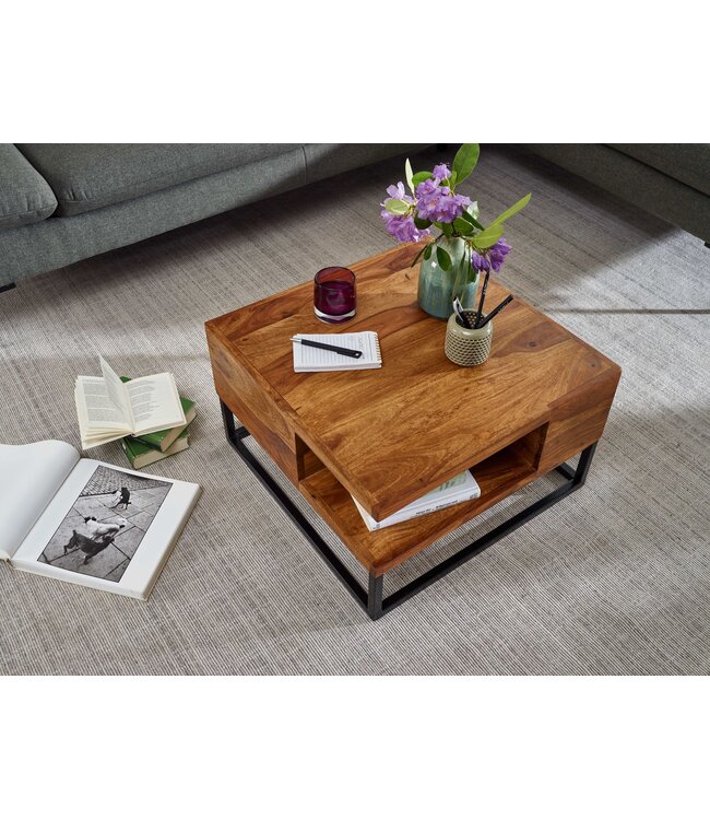 Wohnling Koffietafel Massief Sheesham-Hout en Metaal 60x60x34,5 cm Salontafel Bruin | Vierkant Tafel Woonkamer Moderne met Opbergruimte | Kleine Bijzettafel Woonkamertafel