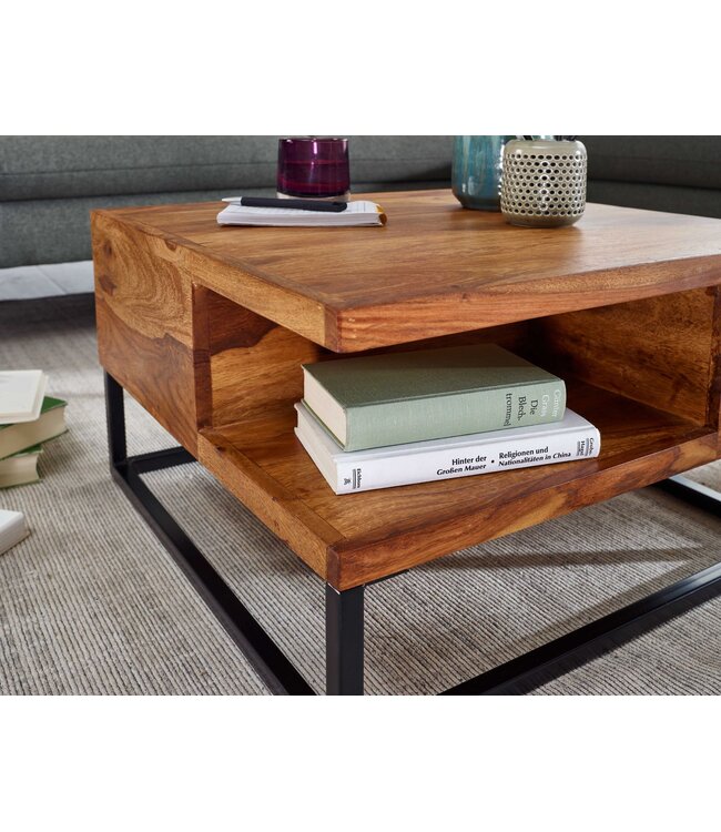Wohnling Koffietafel Massief Sheesham-Hout en Metaal 60x60x34,5 cm Salontafel Bruin | Vierkant Tafel Woonkamer Moderne met Opbergruimte | Kleine Bijzettafel Woonkamertafel