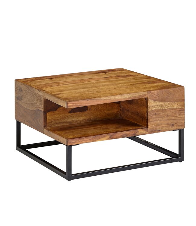 Wohnling Koffietafel Massief Sheesham-Hout en Metaal 60x60x34,5 cm Salontafel Bruin | Vierkant Tafel Woonkamer Moderne met Opbergruimte | Kleine Bijzettafel Woonkamertafel
