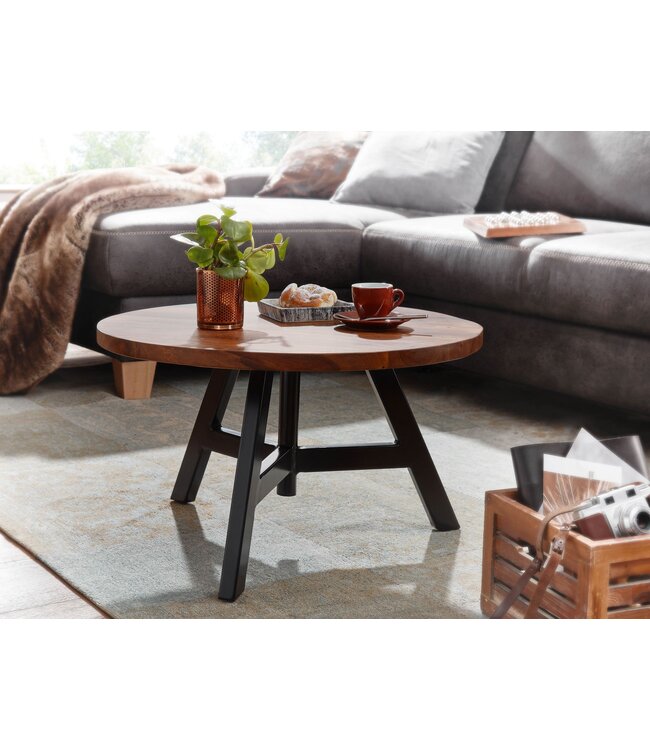 Wohnling salontafel 60x60x35 cm massief sheeshamhout / metalen salontafel rond | Design salontafel salontafel massief | Kleine tafel bijzettafel woonkamer modern
