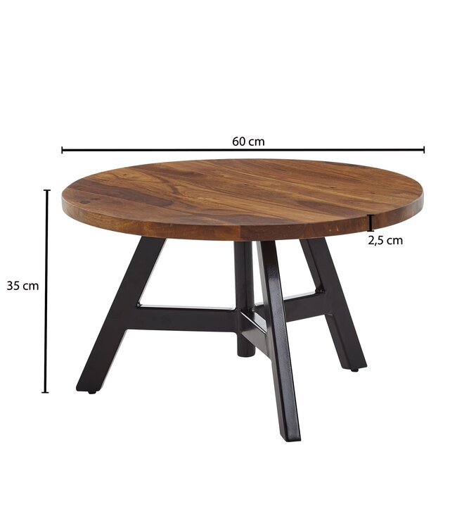 Wohnling salontafel 60x60x35 cm massief sheeshamhout / metalen salontafel rond | Design salontafel salontafel massief | Kleine tafel bijzettafel woonkamer modern