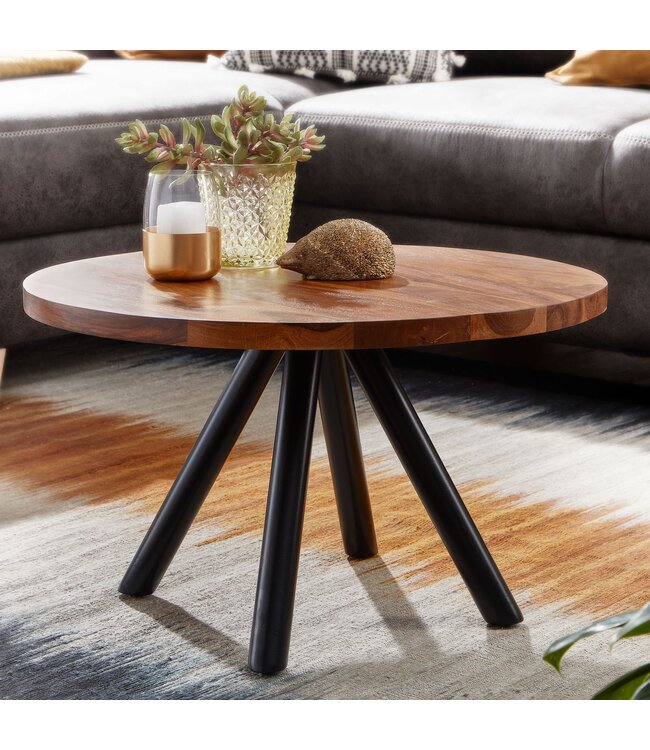 Wohnling salontafel 60x60x35 cm massief sheeshamhout / metalen salontafel rond | Design salontafel salontafel massief | Kleine tafel bijzettafel woonkamer modern