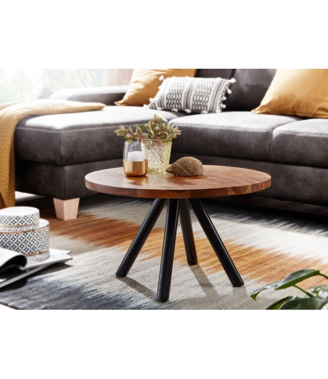 Wohnling salontafel 60x60x35 cm massief sheeshamhout / metalen salontafel rond | Design salontafel salontafel massief | Kleine tafel bijzettafel woonkamer modern