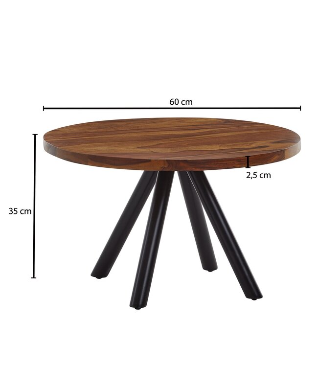 Wohnling salontafel 60x60x35 cm massief sheeshamhout / metalen salontafel rond | Design salontafel salontafel massief | Kleine tafel bijzettafel woonkamer modern