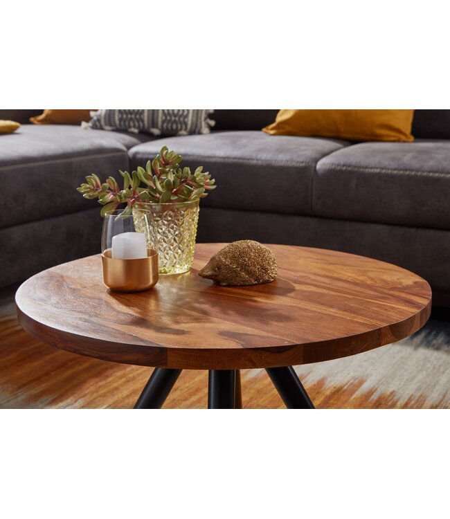 Wohnling salontafel 60x60x35 cm massief sheeshamhout / metalen salontafel rond | Design salontafel salontafel massief | Kleine tafel bijzettafel woonkamer modern