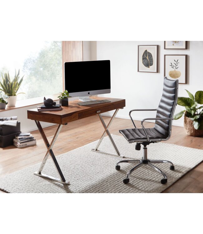 Wohnling bureau 120x55x78 cm massief sheeshamhout / metaal chroom | Design bureautafel met lades | Thuiskantoor laptop tafel computertafel met opbergruimte