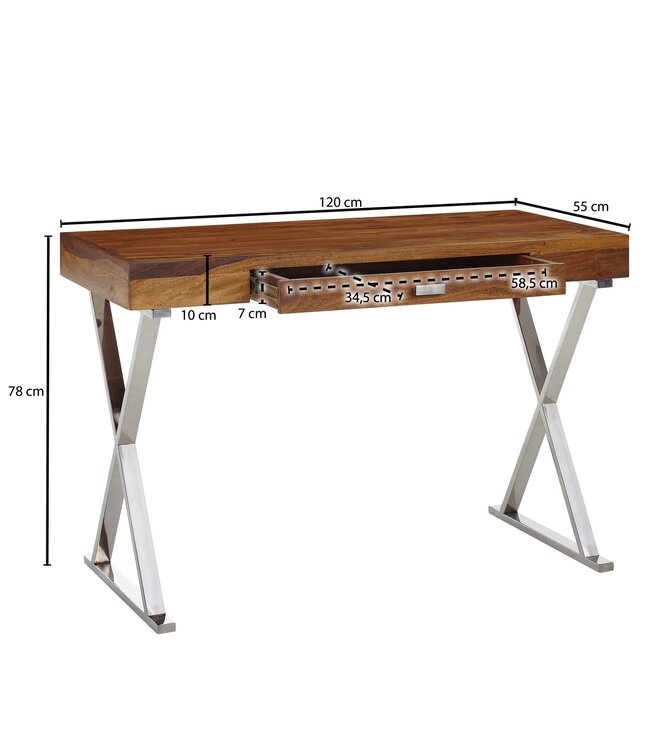 Wohnling bureau 120x55x78 cm massief sheeshamhout / metaal chroom | Design bureautafel met lades | Thuiskantoor laptop tafel computertafel met opbergruimte