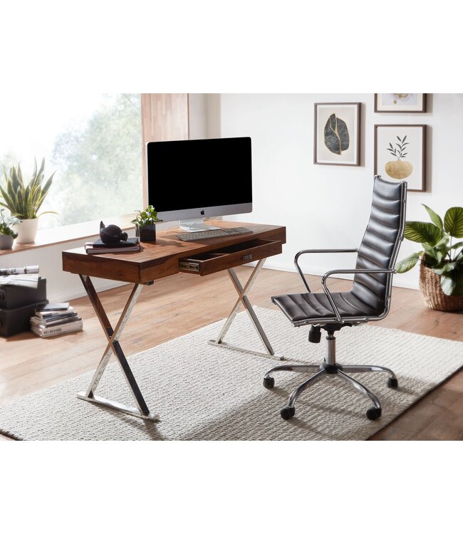 Wohnling bureau 120x55x78 cm massief sheeshamhout / metaal chroom | Design bureautafel met lades | Thuiskantoor laptop tafel computertafel met opbergruimte