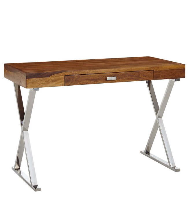 Wohnling bureau 120x55x78 cm massief sheeshamhout / metaal chroom | Design bureautafel met lades | Thuiskantoor laptop tafel computertafel met opbergruimte