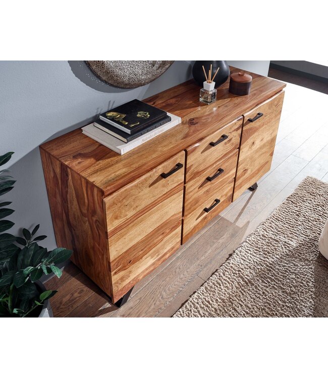 Wohnling dressoir 145x82x45 cm massief sheesham hout / metaal met wanen | ladekast | Dressoir ladekast modern