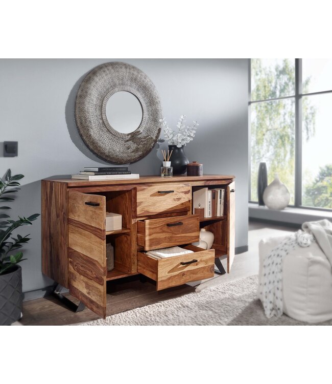 Wohnling dressoir 145x82x45 cm massief sheesham hout / metaal met wanen | ladekast | Dressoir ladekast modern