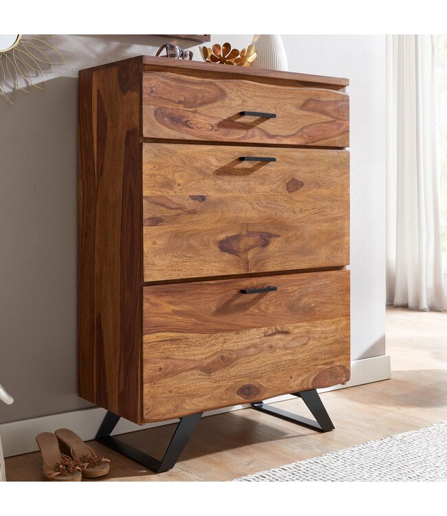 Wohnling ladekast 80x120x41,5 cm massief sheeshamhout / metalen hal ladekast | Dressoir Highboard met boomrand | Dressoirkast hout modern | Staande kast dressoir commode