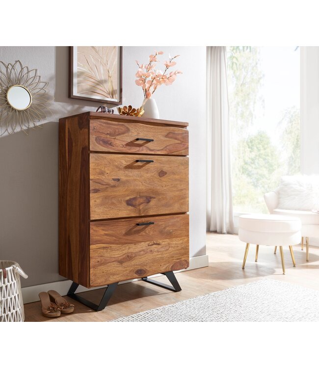 Wohnling ladekast 80x120x41,5 cm massief sheeshamhout / metalen hal ladekast | Dressoir Highboard met boomrand | Dressoirkast hout modern | Staande kast dressoir commode