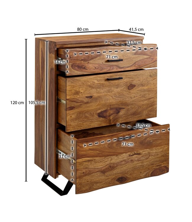 Wohnling ladekast 80x120x41,5 cm massief sheeshamhout / metalen hal ladekast | Dressoir Highboard met boomrand | Dressoirkast hout modern | Staande kast dressoir commode