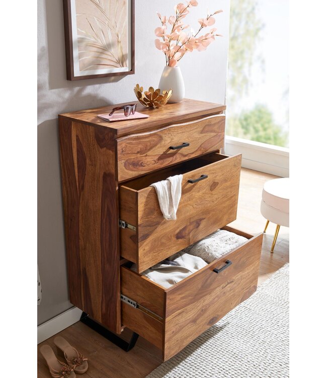 Wohnling ladekast 80x120x41,5 cm massief sheeshamhout / metalen hal ladekast | Dressoir Highboard met boomrand | Dressoirkast hout modern | Staande kast dressoir commode