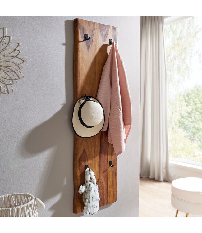 Wohnling Design Wandkapstok Sheesham Massief Hout en Metaal 40x140x7 cm | Haak Rail | Hal Kapstok Wand Garderobe met Boomrand