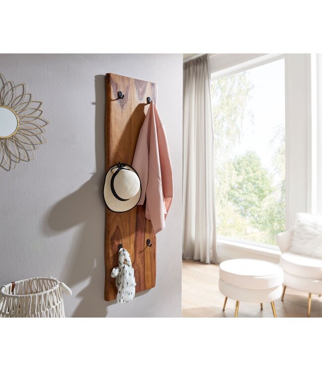 Wohnling Design Wandkapstok Sheesham Massief Hout en Metaal 40x140x7 cm | Haak Rail | Hal Kapstok Wand Garderobe met Boomrand