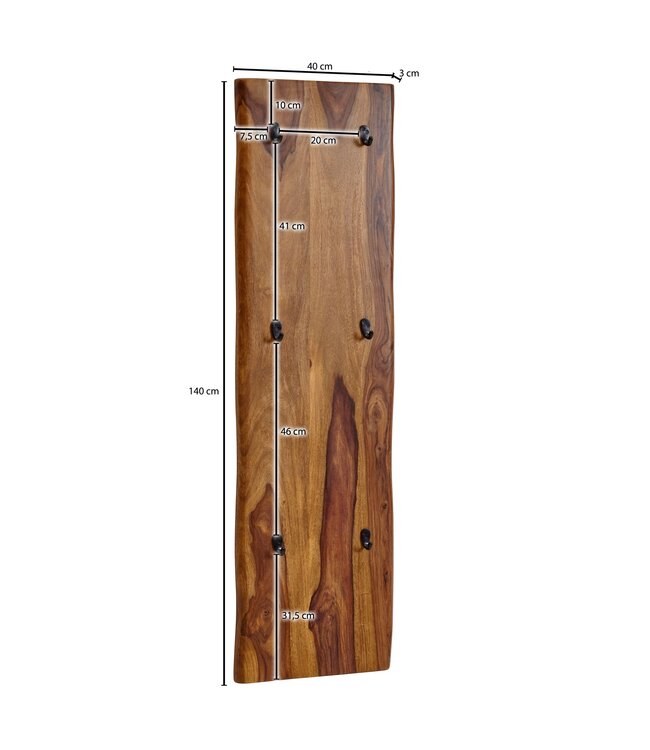 Wohnling Design Wandkapstok Sheesham Massief Hout en Metaal 40x140x7 cm | Haak Rail | Hal Kapstok Wand Garderobe met Boomrand