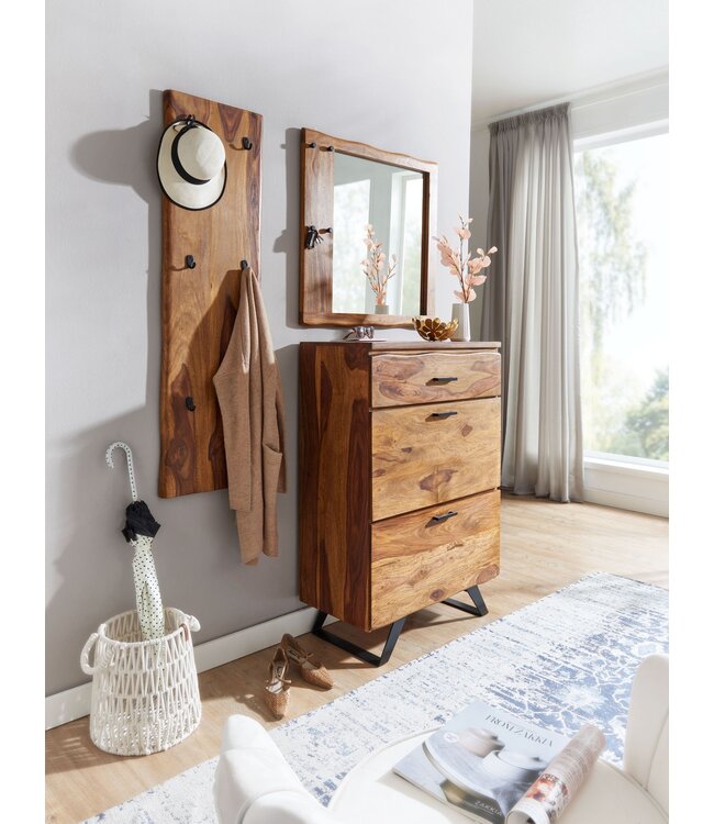 Wohnling Design Wandkapstok Sheesham Massief Hout en Metaal 40x140x7 cm | Haak Rail | Hal Kapstok Wand Garderobe met Boomrand