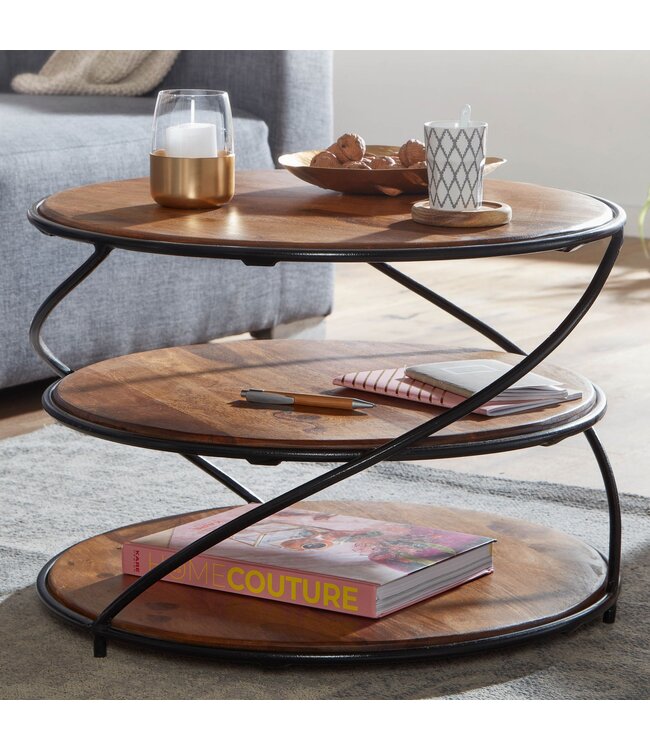 Wohnling Koffietafel Massief Sheesham-Hout en Metaal 58x58x40,5 cm Salontafel Bruin | Ronde Tafel Woonkamer Moderne met Opbergruimte | Kleine Bijzettafel Woonkamertafel
