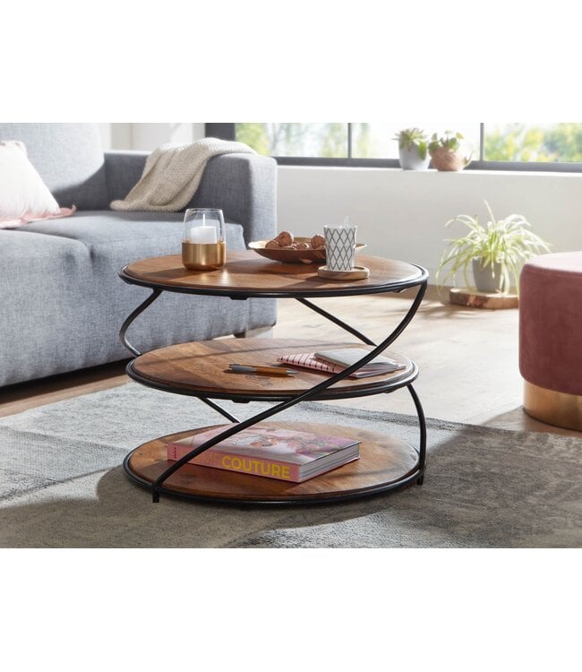 Wohnling Koffietafel Massief Sheesham-Hout en Metaal 58x58x40,5 cm Salontafel Bruin | Ronde Tafel Woonkamer Moderne met Opbergruimte | Kleine Bijzettafel Woonkamertafel