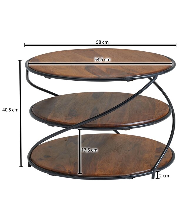 Wohnling Koffietafel Massief Sheesham-Hout en Metaal 58x58x40,5 cm Salontafel Bruin | Ronde Tafel Woonkamer Moderne met Opbergruimte | Kleine Bijzettafel Woonkamertafel