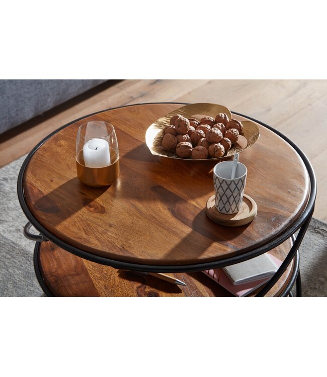 Wohnling Koffietafel Massief Sheesham-Hout en Metaal 58x58x40,5 cm Salontafel Bruin | Ronde Tafel Woonkamer Moderne met Opbergruimte | Kleine Bijzettafel Woonkamertafel