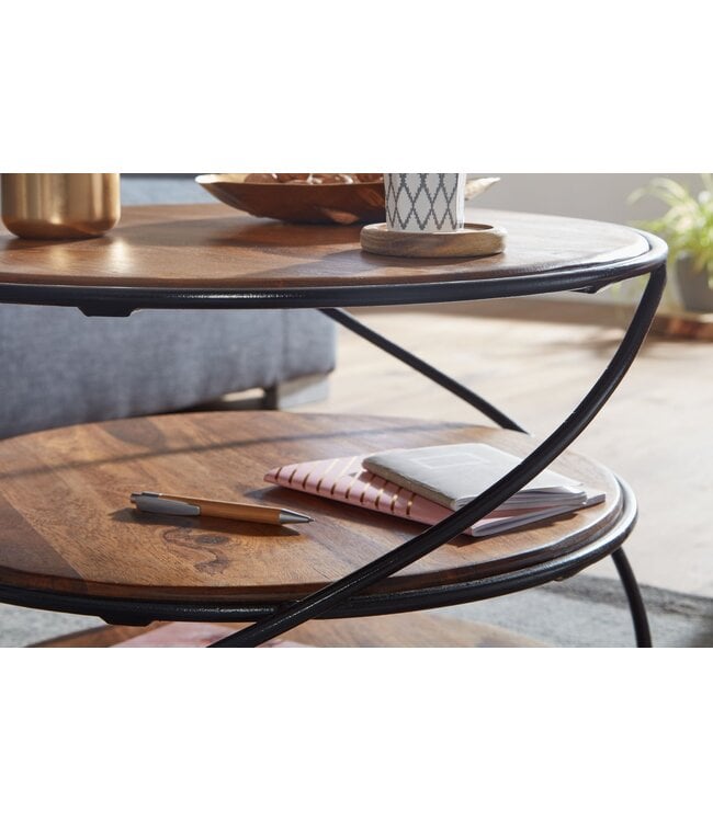 Wohnling Koffietafel Massief Sheesham-Hout en Metaal 58x58x40,5 cm Salontafel Bruin | Ronde Tafel Woonkamer Moderne met Opbergruimte | Kleine Bijzettafel Woonkamertafel