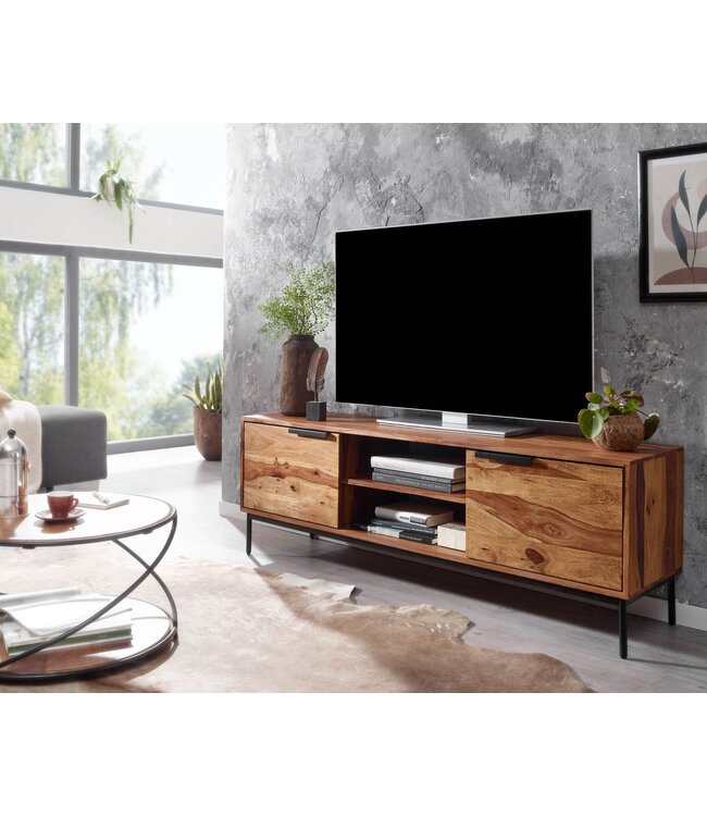 Wohnling lowboard massief sheeshamhout 147x51x38 cm TV-dressoir met twee deuren | Design TV meubel hoog | TV meubel TV meubel modern | TV dressoir woonkamer