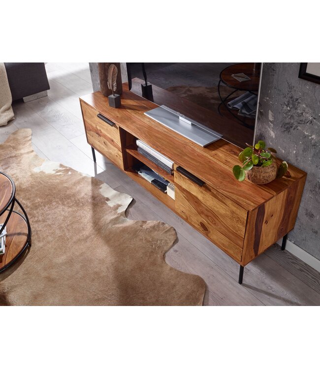 Wohnling lowboard massief sheeshamhout 147x51x38 cm TV-dressoir met twee deuren | Design TV meubel hoog | TV meubel TV meubel modern | TV dressoir woonkamer