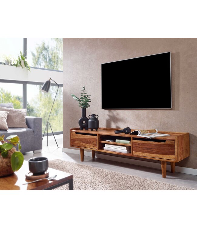 Wohnling HiFi Lowboard Massief Sheesham-Hout TV-Dressoir 145x43x35 cm met Twee Deuren | TV-Meubel Hoog | TV-Tafel TV-Bord Woonkamer Modern