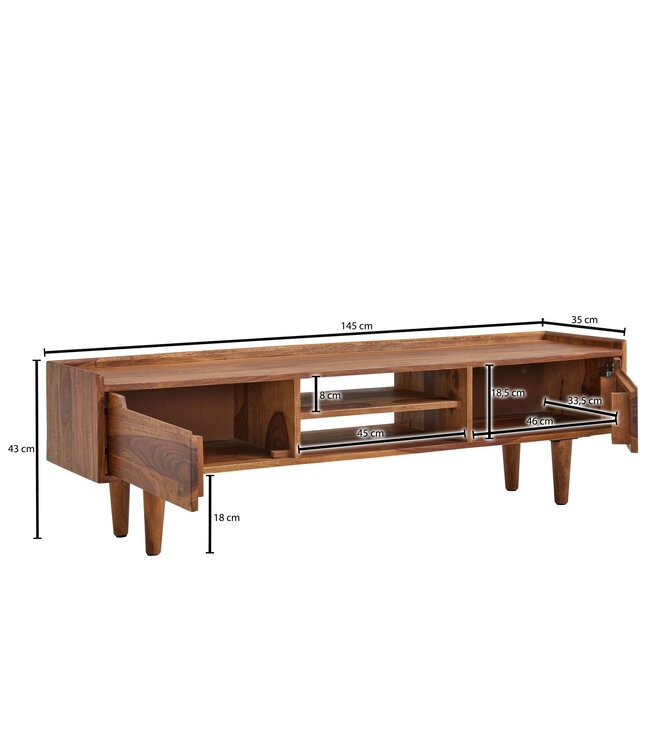 Wohnling HiFi Lowboard Massief Sheesham-Hout TV-Dressoir 145x43x35 cm met Twee Deuren | TV-Meubel Hoog | TV-Tafel TV-Bord Woonkamer Modern