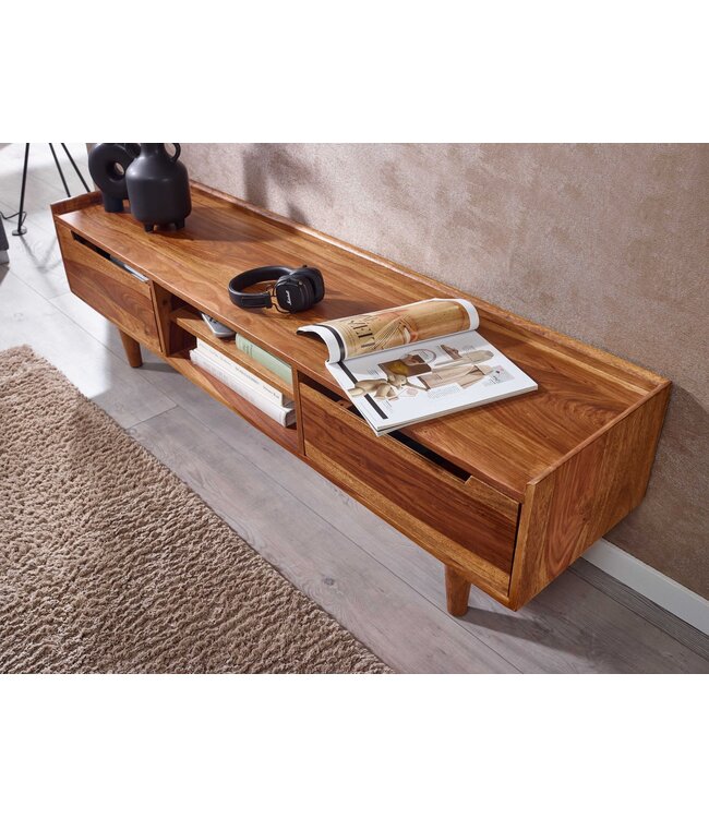 Wohnling HiFi Lowboard Massief Sheesham-Hout TV-Dressoir 145x43x35 cm met Twee Deuren | TV-Meubel Hoog | TV-Tafel TV-Bord Woonkamer Modern