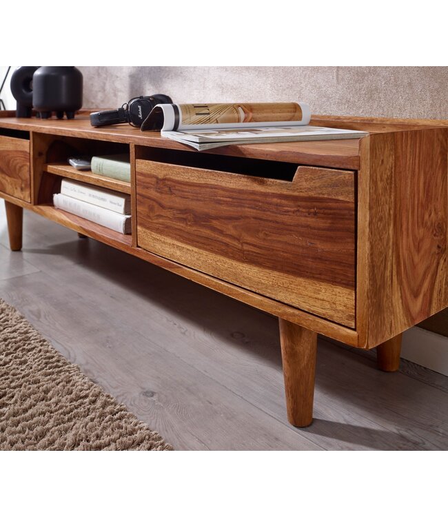 Wohnling HiFi Lowboard Massief Sheesham-Hout TV-Dressoir 145x43x35 cm met Twee Deuren | TV-Meubel Hoog | TV-Tafel TV-Bord Woonkamer Modern