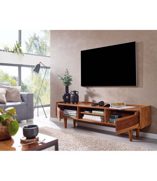 Wohnling HiFi Lowboard Massief Sheesham-Hout TV-Dressoir 145x43x35 cm met Twee Deuren | TV-Meubel Hoog | TV-Tafel TV-Bord Woonkamer Modern