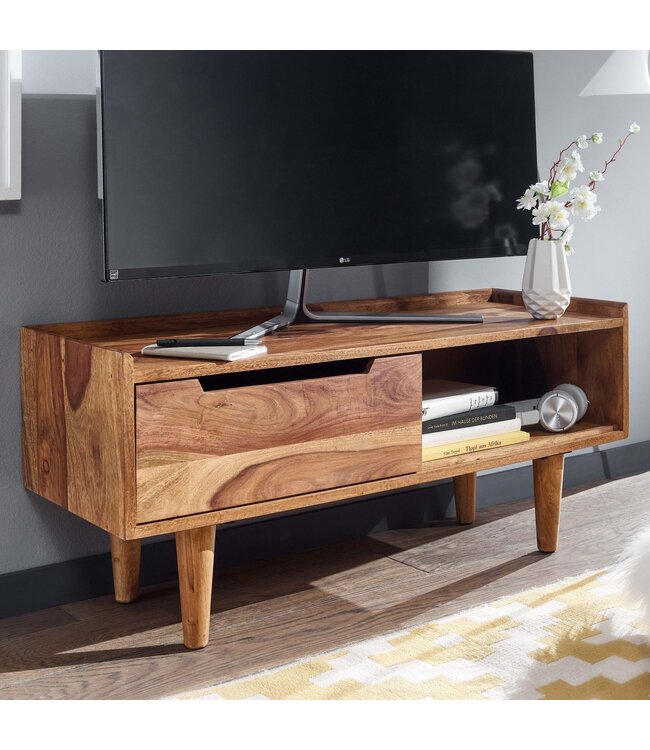 Wohnling HiFi Lowboard Massief Sheesham-Hout TV-Dressoir 95x44x34 cm met Schuifdeur | TV-Meubel Hoog | TV-Tafel TV-Bord Woonkamer Modern