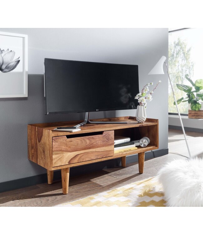 Wohnling HiFi Lowboard Massief Sheesham-Hout TV-Dressoir 95x44x34 cm met Schuifdeur | TV-Meubel Hoog | TV-Tafel TV-Bord Woonkamer Modern