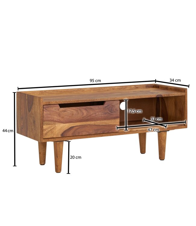 Wohnling HiFi Lowboard Massief Sheesham-Hout TV-Dressoir 95x44x34 cm met Schuifdeur | TV-Meubel Hoog | TV-Tafel TV-Bord Woonkamer Modern