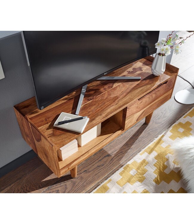 Wohnling HiFi Lowboard Massief Sheesham-Hout TV-Dressoir 95x44x34 cm met Schuifdeur | TV-Meubel Hoog | TV-Tafel TV-Bord Woonkamer Modern