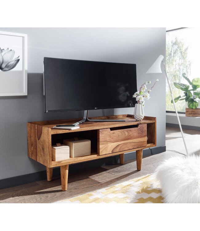 Wohnling HiFi Lowboard Massief Sheesham-Hout TV-Dressoir 95x44x34 cm met Schuifdeur | TV-Meubel Hoog | TV-Tafel TV-Bord Woonkamer Modern
