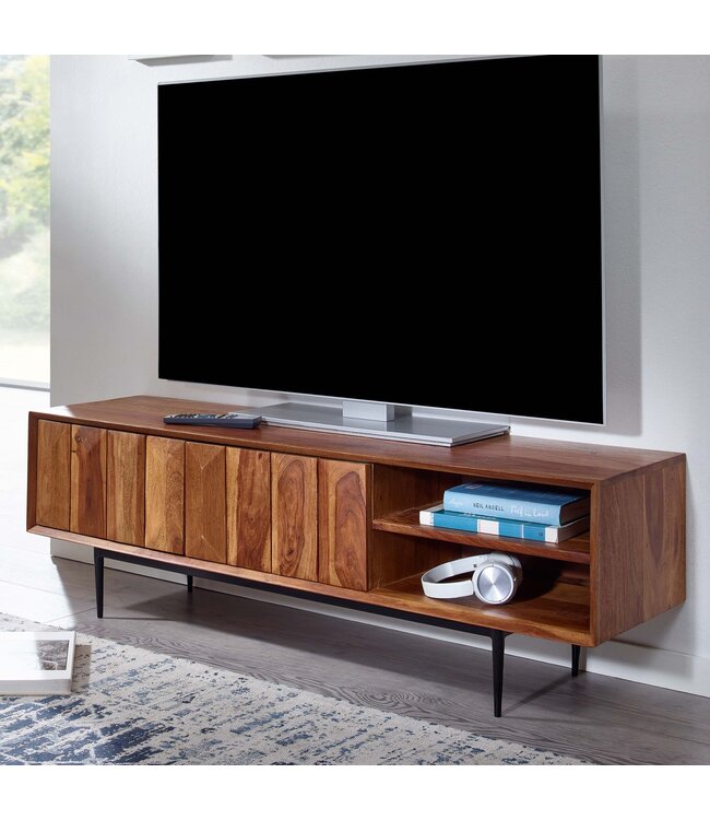 Wohnling HiFi Lowboard Massief Sheesham-Hout TV-Dressoir 123x42x35 cm met twee Deuren | TV-Meubel Hoog | TV-Tafel TV-Bord Woonkamer Modern