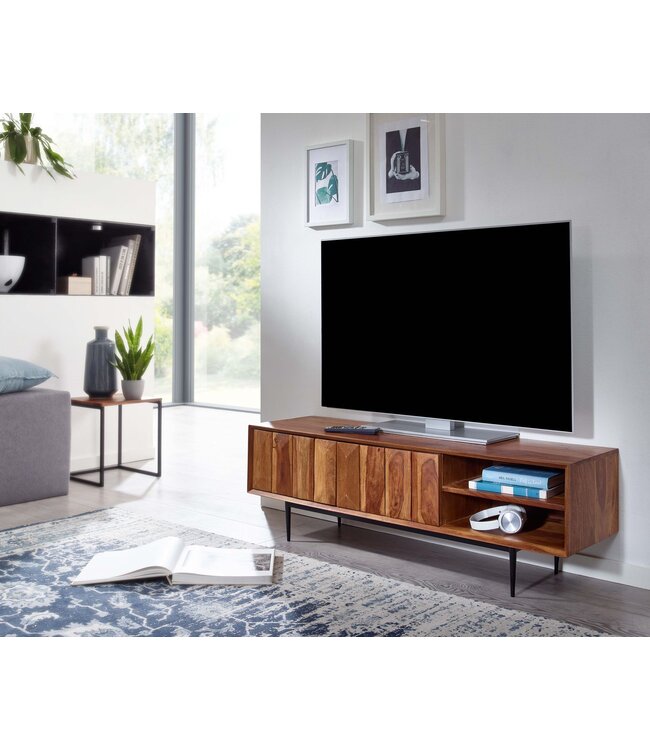 Wohnling HiFi Lowboard Massief Sheesham-Hout TV-Dressoir 123x42x35 cm met twee Deuren | TV-Meubel Hoog | TV-Tafel TV-Bord Woonkamer Modern